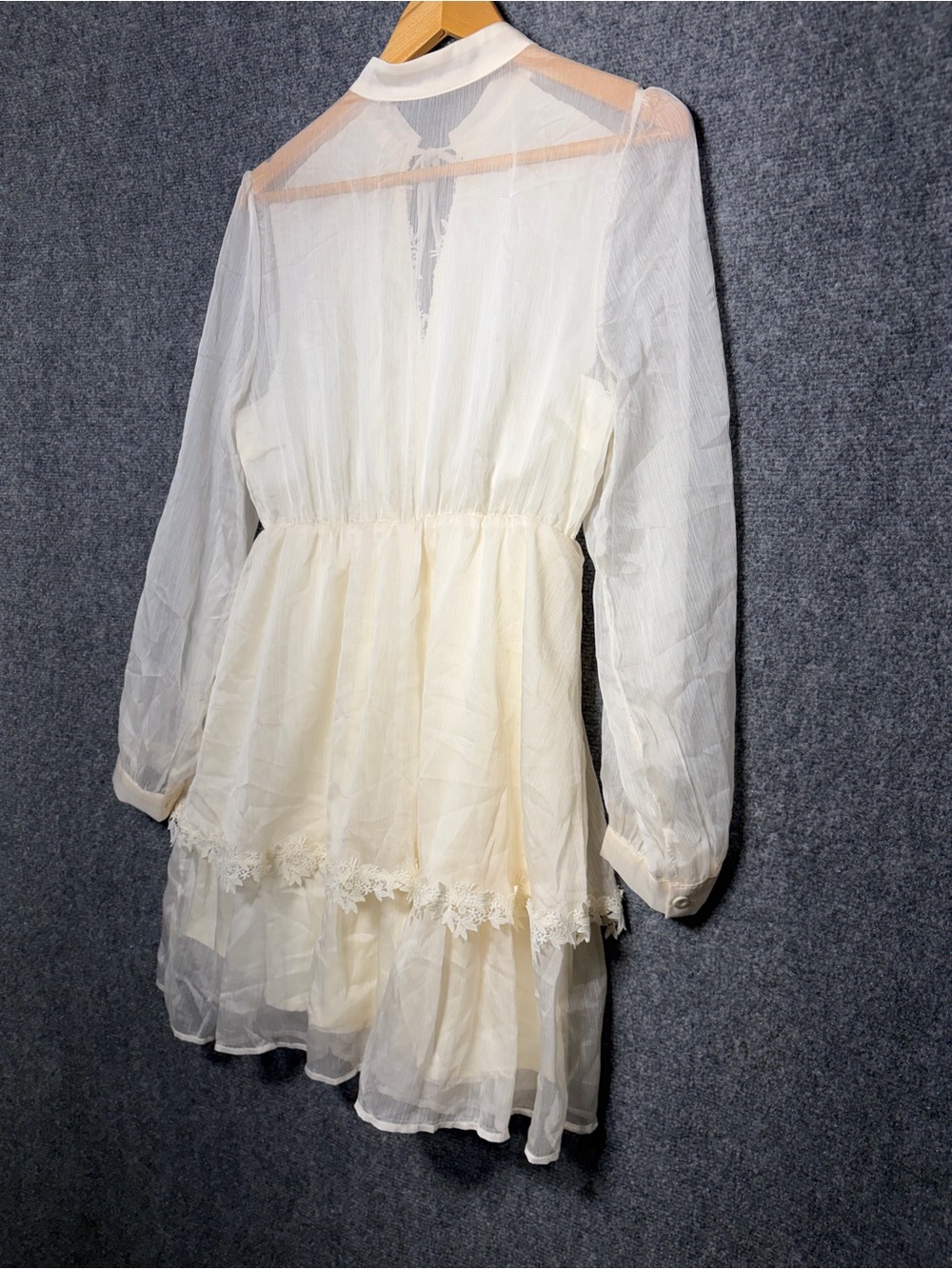 SHEIN Ivory Long-Sleeve Ruffle Tie-Front Midi Dress - Picture 3 of 5